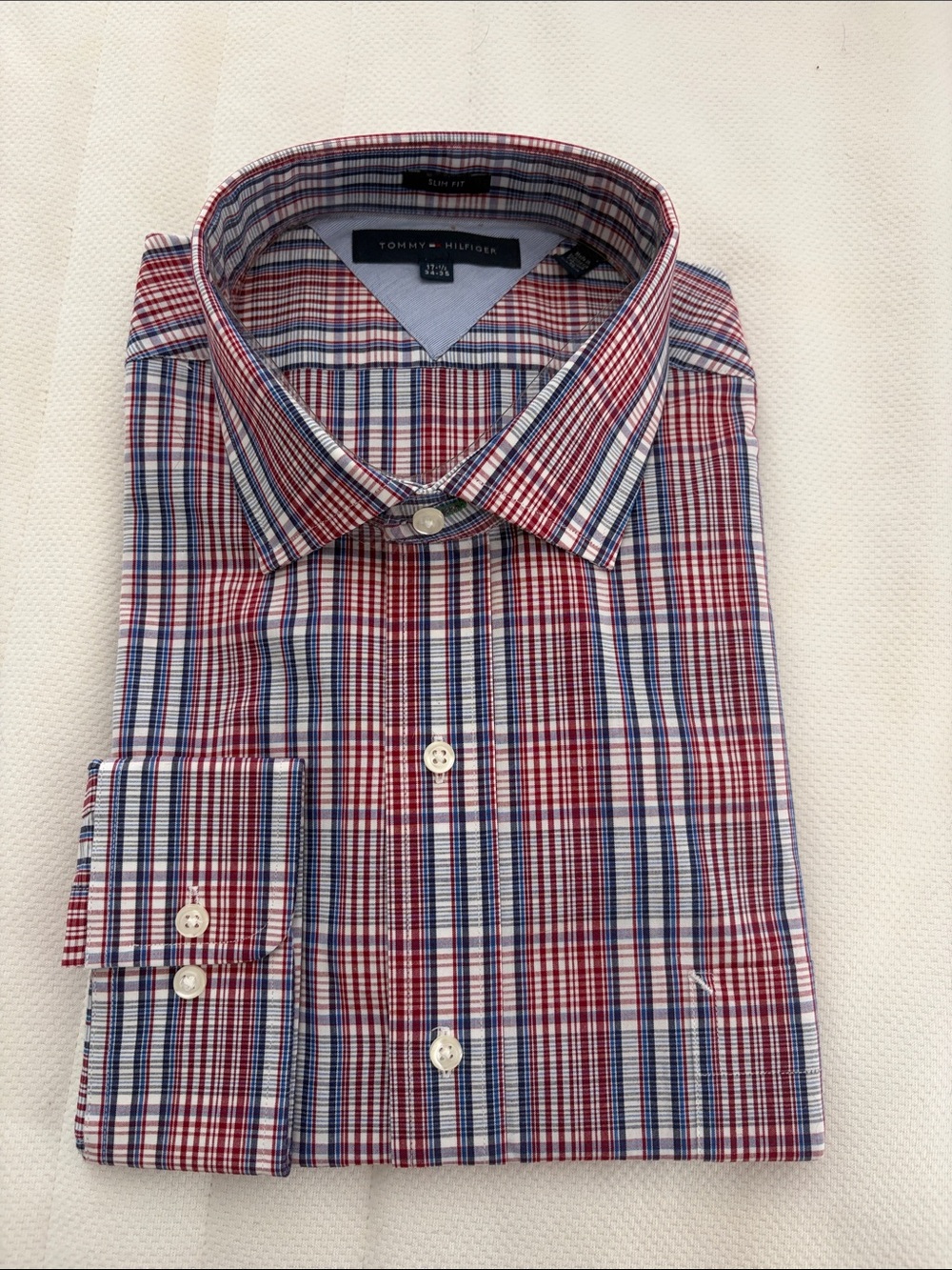 Tommy Hilfiger Men’s Red, Blue & White Plaid Dress Shirt